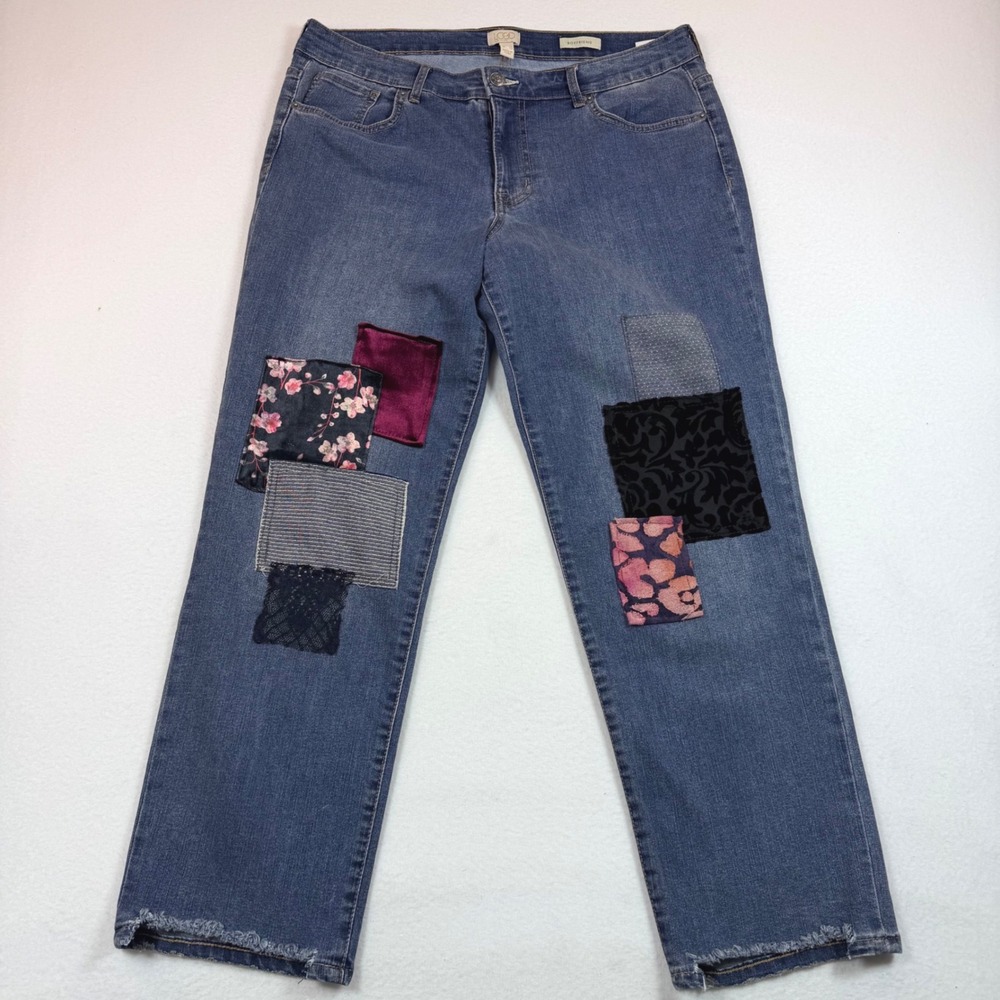 LOGO Lavish Lori Goldstein Boyfriend Jeans Blue Patchwork Frayed Hem Size‎ 12